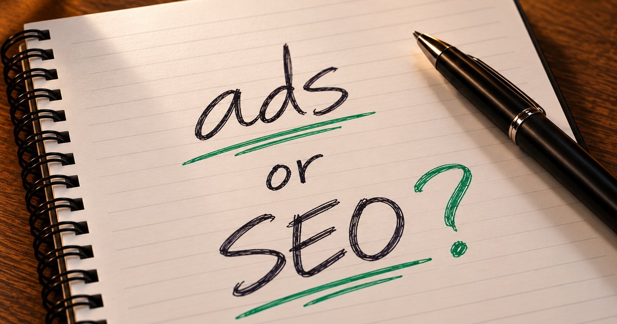 Notebook page on a wooden desk with the words ads or SEO? written by hand in green ink beside a pen
