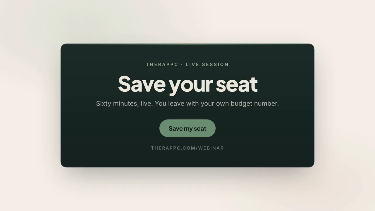 The end card: Save your seat, sixty minutes live, and you leave with your own budget number, beside a button that reads Save my seat.