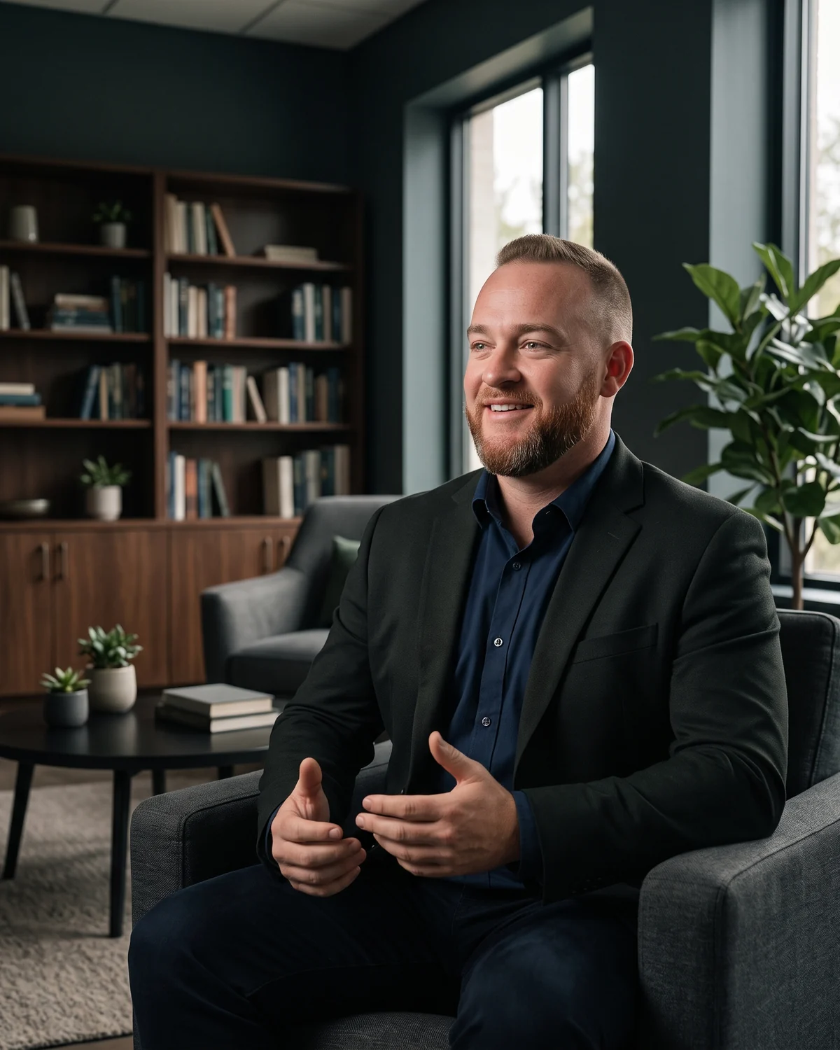 Portrait of a smiling man with a short beard, wearing a dark blazer over a navy shirt, seated in a grey armchair mid-conversation, in a bright office lounge with a wooden bookshelf and a large plant.