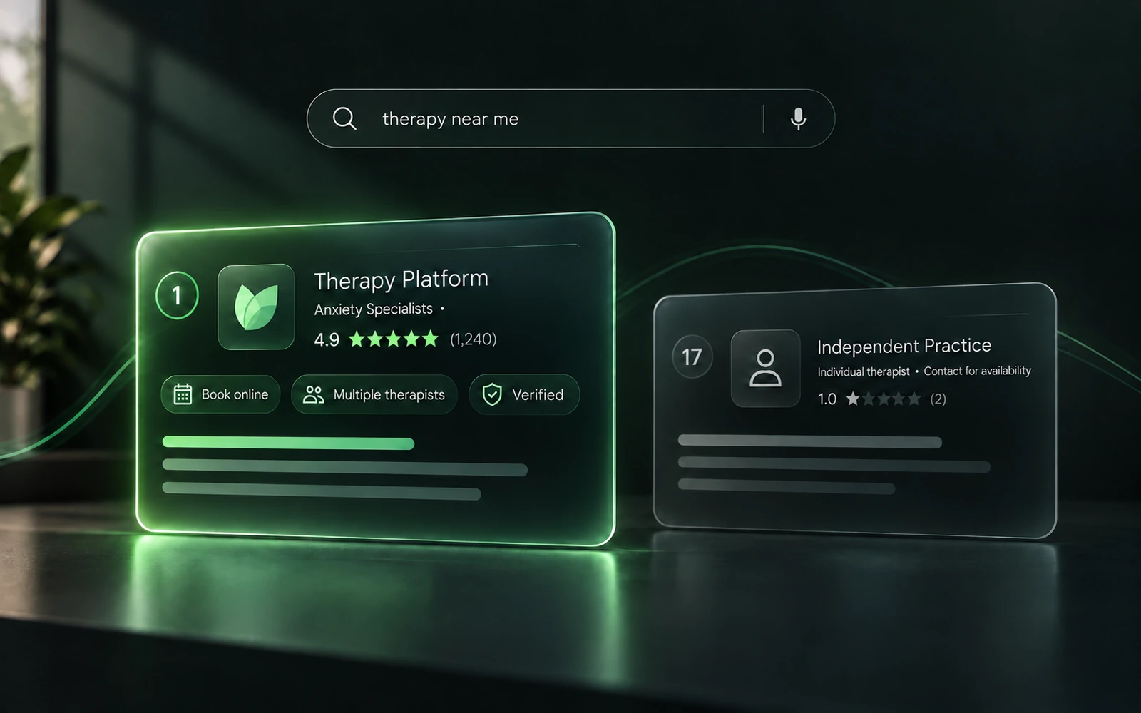 Search results for 'therapy near me' on a dark screen. A therapy platform result outlined in green sits above a dimmed independent practice result: the platform shows 4.9 stars from 1,240 reviews and booking badges, the practice shows 1.0 from 2 reviews and no way to book.