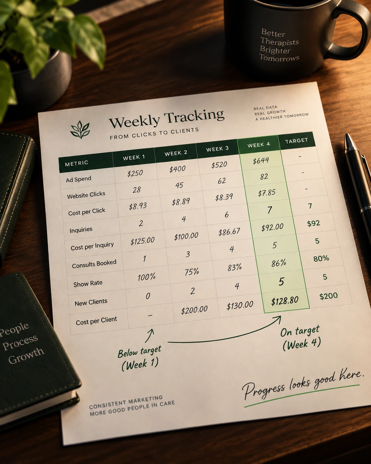 Photograph of a printed tracking sheet on a warm-lit wooden desk, seen from slightly above and off to the side, with the notebook in the lower left covering blank paper only. The sheet is headed Weekly Tracking, from clicks to clients, and carries a four week table with a target column. Across the four weeks, ad spend runs $250, $400, $520 and $644; website clicks 28, 45, 62 and 82; cost per click $8.93, $8.89, $8.39 and $7.85; inquiries 2, 4, 6 and 7; cost per inquiry $125.00, $100.00, $86.67 and $92.00; consults booked 1, 3, 4 and 5; show rate 100%, 75%, 83% and 86%; new clients 0, 2, 4 and 5; and cost per client blank, $200.00, $130.00 and $128.80. The target column reads 7 inquiries, $92.00, 5 consults, 80%, and 5 clients at $200 a client. Week 1 is marked below target, week 4 is highlighted and marked on target, and a handwritten line reads progress looks good here.