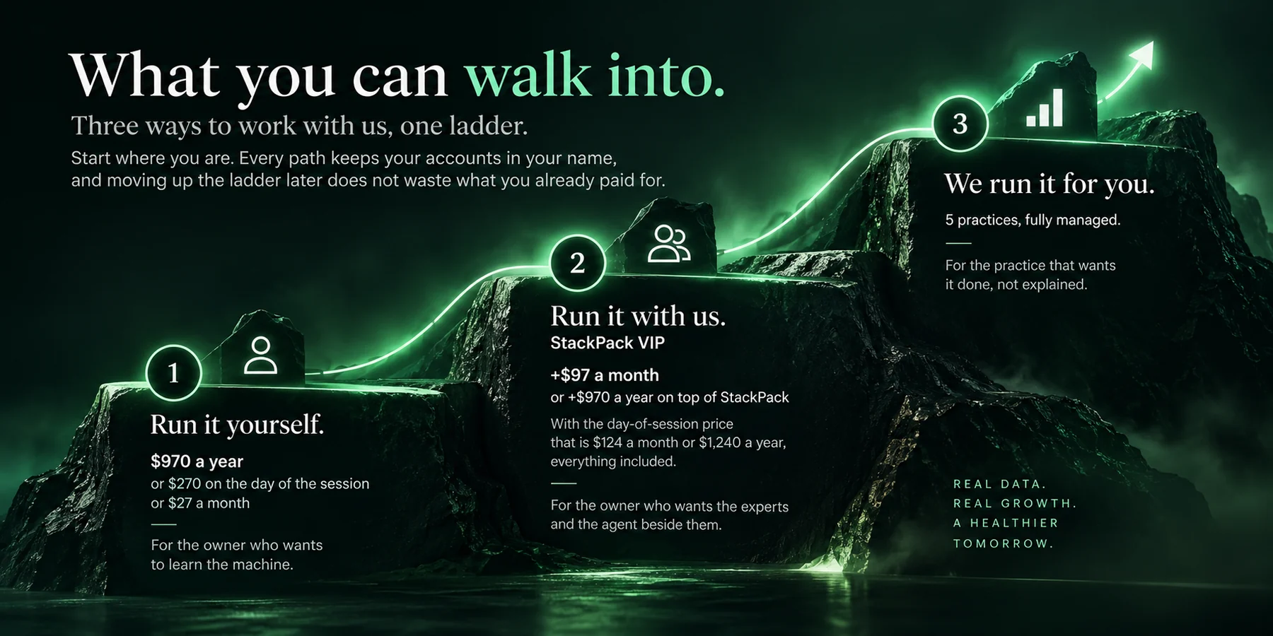 Dark green landscape of three rocky peaks joined by a glowing path, carrying three numbered tiers. Headline: What you can walk into. Subhead: Three ways to work with us, one ladder. Beneath it: Start where you are. Every path keeps your accounts in your name, and moving up the ladder later does not waste what you already paid for. Tier 1, Run it yourself, reads: $970 a year, or $270 on the day of the session, or $27 a month, then: For the owner who wants to learn the machine. Tier 2, Run it with us, StackPack VIP, reads: plus $97 a month, or plus $970 a year on top of StackPack, with the day-of-session price that is $124 a month or $1,240 a year, everything included, then: For the owner who wants the experts and the agent beside them. Tier 3, We run it for you, reads: 5 practices, fully managed, then: For the practice that wants it done, not explained. A footer reads: real data, real growth, a healthier tomorrow.
