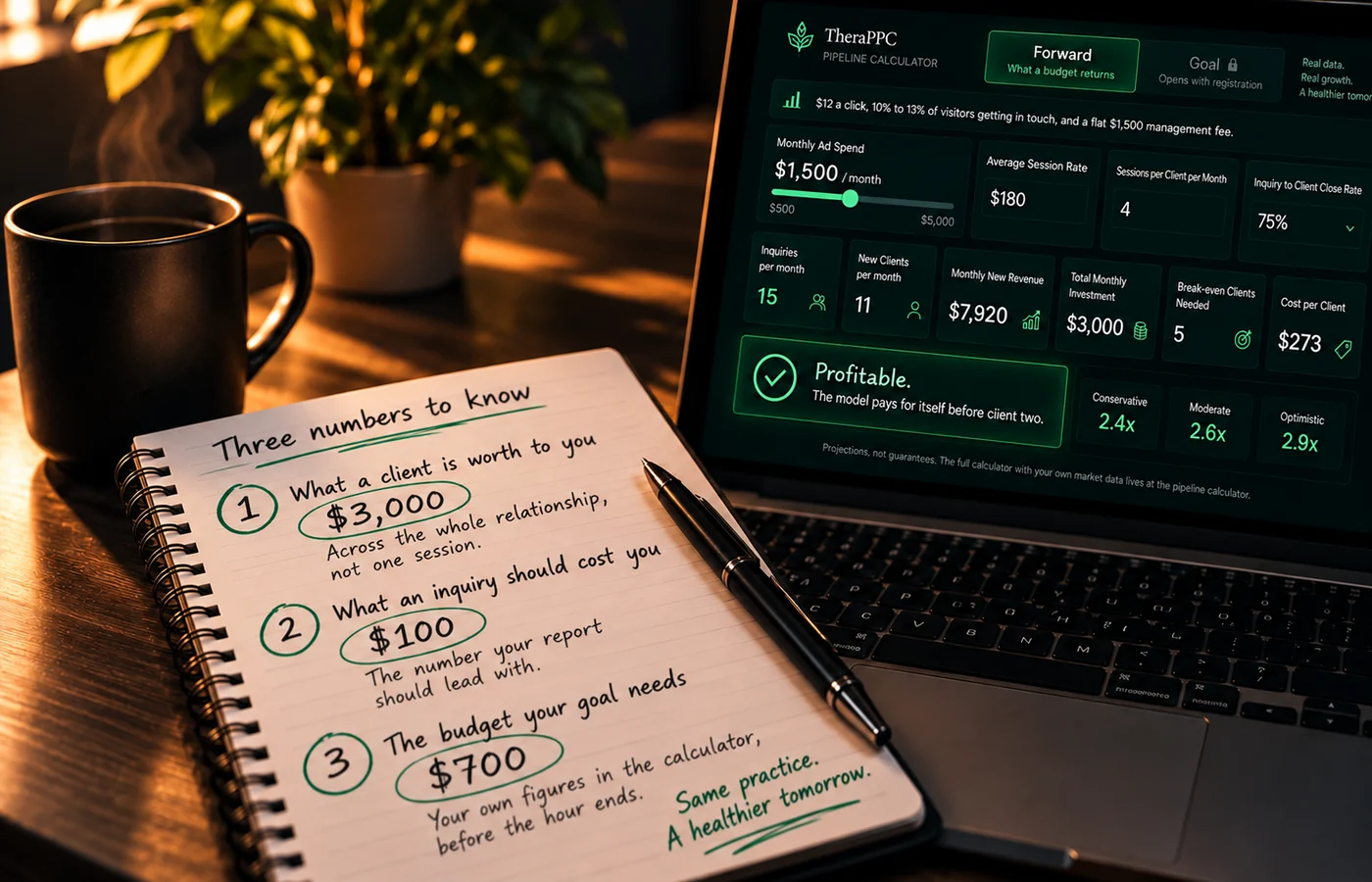 Warm desk photograph with no people. An open laptop shows the TheraPPC pipeline calculator in forward mode: the line reading $12 a click, 10% to 13% of visitors getting in touch, and a flat $1,500 management fee; then monthly ad spend $1,500 a month on a $500 to $5,000 slider, average session rate $180, sessions per client per month 4, and inquiry to client close rate 75%. The results read 15 inquiries per month, 11 new clients per month, $7,920 monthly new revenue, $3,000 total monthly investment, 5 break-even clients needed and $273 cost per client, with the verdict Profitable. The model pays for itself before client two, and the cases read conservative 2.4x, moderate 2.6x and optimistic 2.9x. Beside the laptop an open notebook is headed Three numbers to know and lists three circled figures: what a client is worth to you, $3,000, across the whole relationship and not one session; what an inquiry should cost you, $100, the number your report should lead with; and the budget your goal needs, $700, your own figures in the calculator before the hour ends. A closing line reads: same practice, a healthier tomorrow. A mug, a pen and a plant sit on the desk.