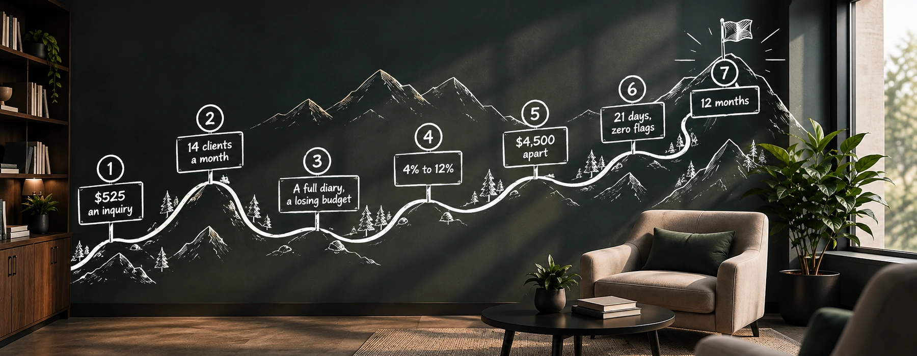 Hand-drawn white chalk-style path climbing across stylized mountain peaks and pine trees on a dark green wall, in a furnished lounge with a bookshelf, an armchair and a plant, and no person. Seven numbered signposts stand along the path: 1, $525 an inquiry; 2, 14 clients a month; 3, A full diary, a losing budget; 4, 4% to 12%; 5, $4,500 apart; 6, 21 days, zero flags; and 7, 12 months at the summit flag.
